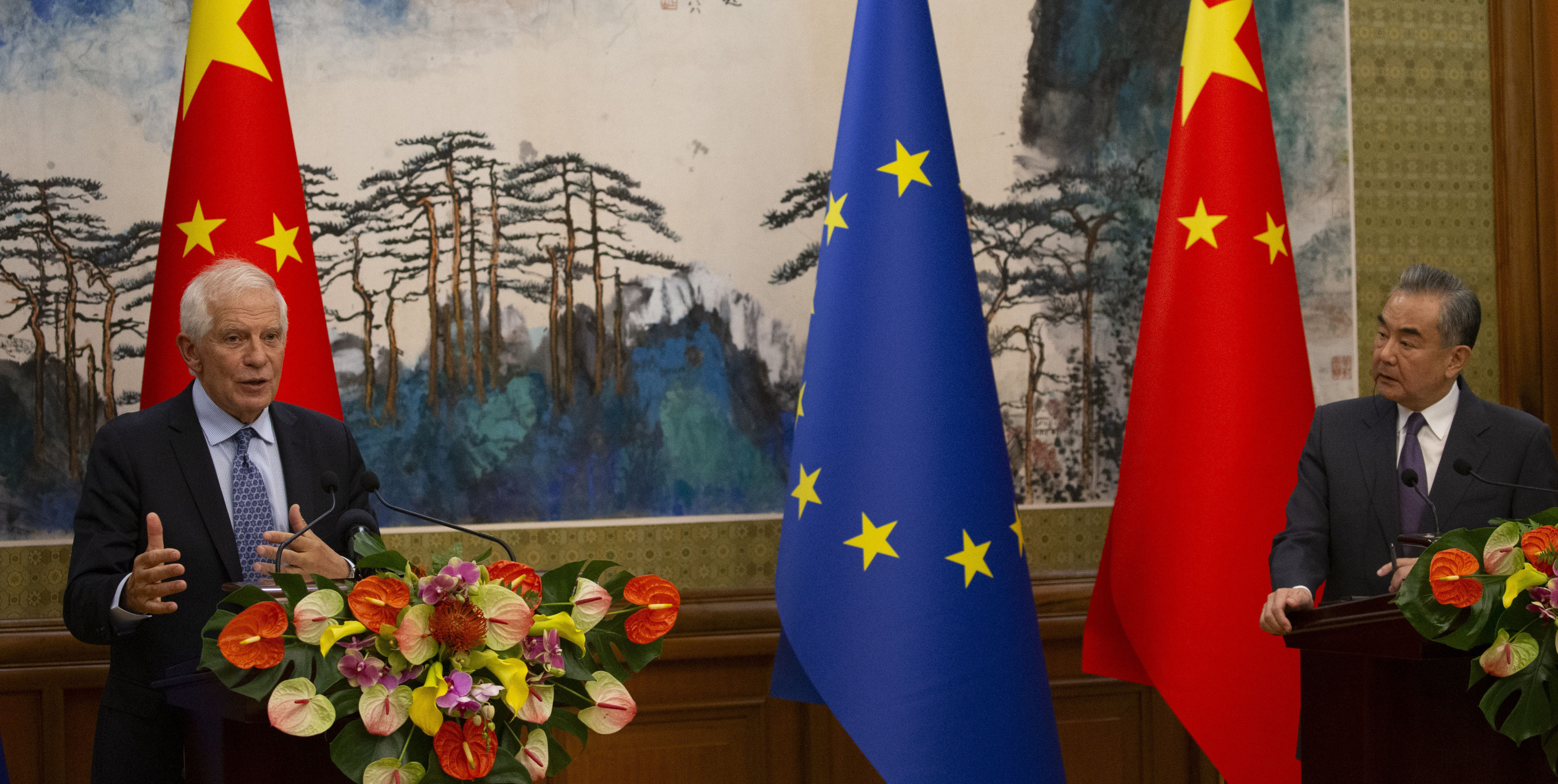 EU foreign policy chief Josep Borrell, left, and Chinese Foreign Minister Wang Yi attend a press conference following the EU-China High-Level Strate