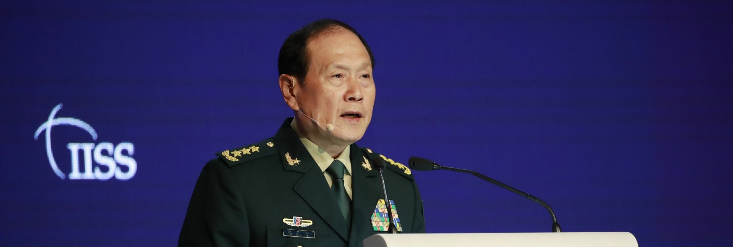 Wei Fenghe delivers his speech during the fifth plenary session of the International Institute for Strategic Studies (IISS) Shangri-la Dialogue at the Shangri-la hotel in Singapore, 12 June 2022