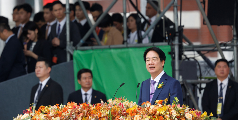 Taiwan's new President Lai Ching-te speaks on stage during the inauguration ceremony outside the Presidential office building in Taipei, Taiwan May 20, 2024.