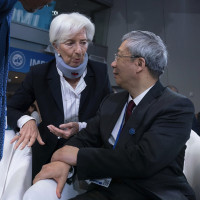 European Central Bank President Christine Lagarde speaks Governor of People's Bank of China (PBOC) Yi Gang 