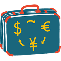 Illustration of a suitcase with Yuan, Dollar and Euro characters
